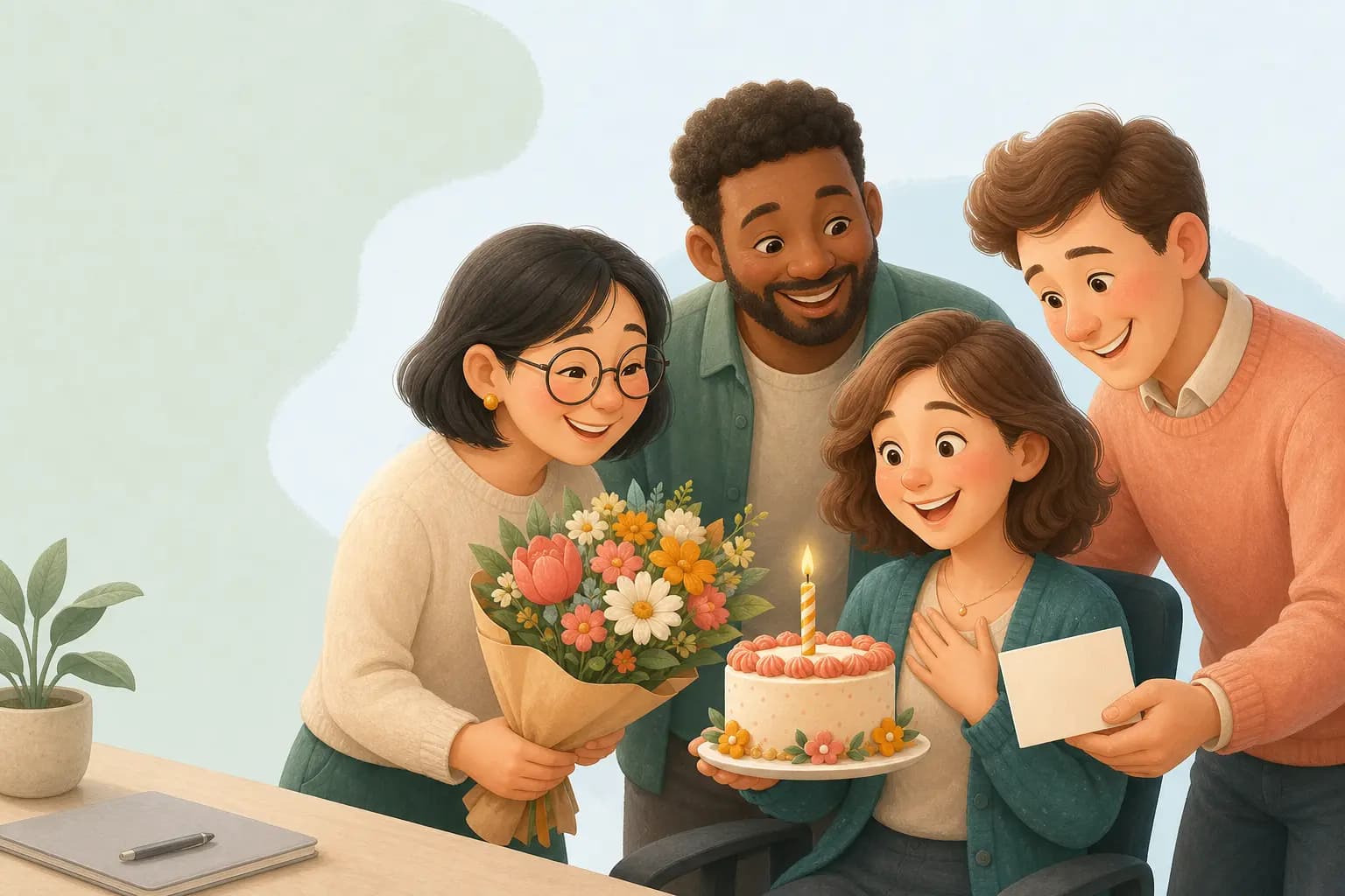 Coworkers surprising a colleague with a birthday cake, flowers, and a card
